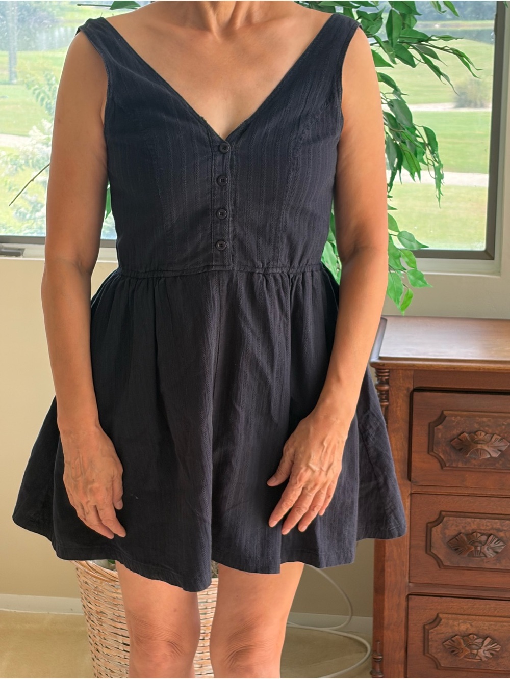Sleeveless Navy Mini Dress with Button-Front Bodice